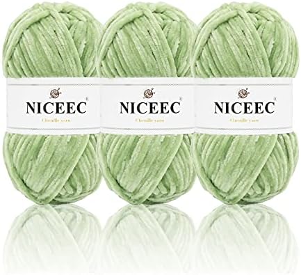 NICEEC 3 Skeins Soft Chenille Yarn 3 x85m (3X 93yds, 3X 50g)_Mint Green