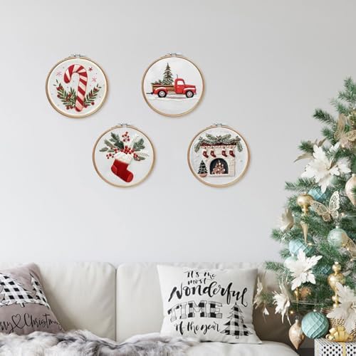 LB Christmas Embroidery Kit for Adults, 4Pc Christmas Embroidery Kits for Beginners with Red Truck, DIY Hand Cross Stitch Kit Holiday Gifts Ornaments Decorations