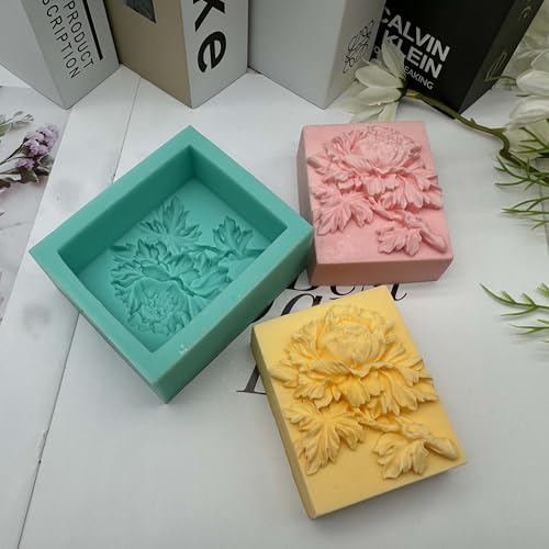 3D Peony Soap Mold Rectangle Delicate Flower Silicone Soap Molds for Soap Bar Making Lotion Bar Scented Candle Aromatherapy Plaster Mould Cake Decoration Fondant Ice Cube Moulds