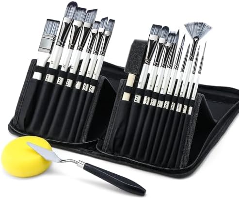 Transon 20Pcs Art Paint Brush Kit with Storage Case, 16 Brushes + Foam Brush Spatula Sponge for Acrylic Oil Watercolor Gouache, Adults Teens Beginners Art Supplies