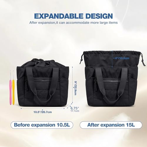 Teamoy Small Knitting Bag, Yarn Storage Tote, Crochet Bag Organizer, Black