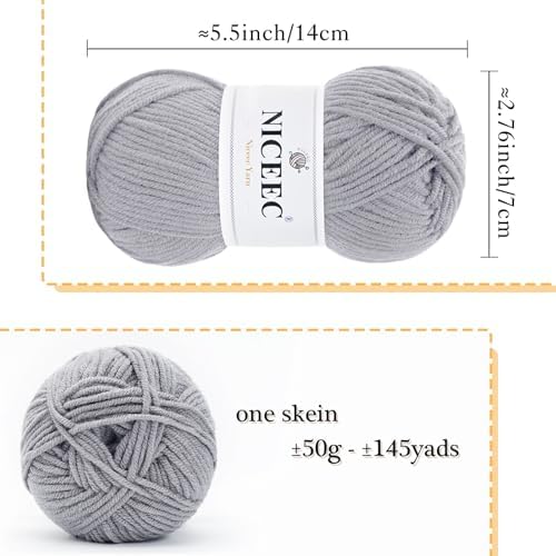 NICEEC 300g Soft Assorted Colors Yarn 100% Acrylic 870yds -Light Gray
