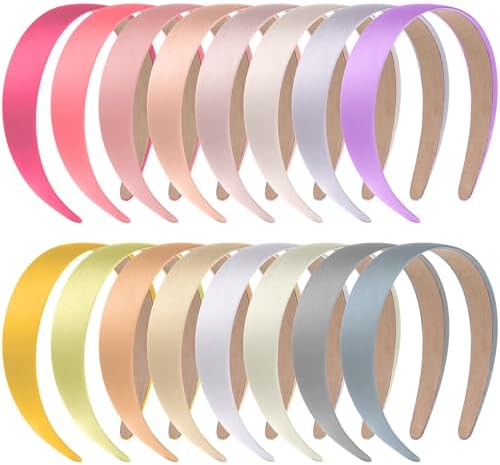 anezus 16 Pcs Satin Headbands Bulk 1 Inch Anti-slip Ribbon Hair Bands Plain Hard Headbands for Women Girls DIY Craft Hair Accessories (Pastel Color)