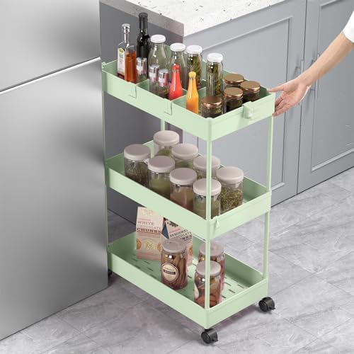 SPACELEAD 3 Tier Rolling Cart with Wheels, Storage Craft Art Trolley Organizer Serving, 3 Hanging Baskets Easy Assembly, for Office, Living Room, Kitchen, Green