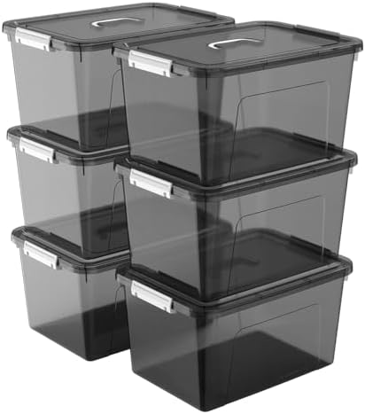 19 Quart Stackable Plastic Storage Bins with Lids, 6 Pack Clear Black Organizer Boxes with Secure Latches for Garage, Tools, Closet, Office, Durable Storage