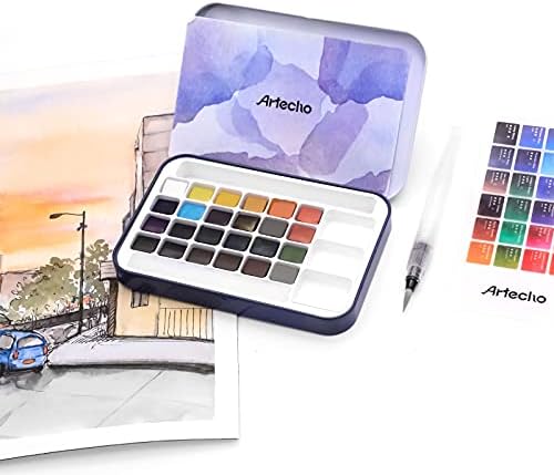 Artecho 24 Colors Watercolor Paint Set, Portable Travel Tin Box with Brush