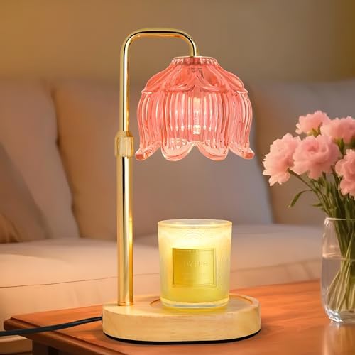 XJZJY Pink Flower Candle Warmer Lamp with Timer, Birthday Gifts for Women | Dimmable wax melt warmer with 2 bulbs for jar candles, height adjustable, lotus flower lamp, home decor, housewarming gift