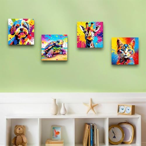 bleihum 4 Pack Paint by Numbers Kit for Kids with Frame Wooden Easel | Easy Paint by Number Kids Animals, Diy Acrylic Oil Colorful Painting by Numbers for Teen Boys Girls Home Decor 8x8Inch