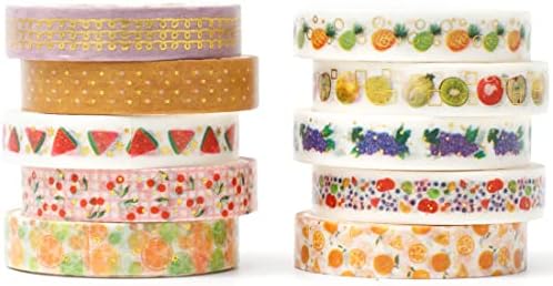 YUBBAEX 10 Rolls Sparkling Washi Tape Set 8mm Skinny Gold Foil Decorative Masking Washi Tapes for Bullet Journal,Scrapbook, Planner, DIY Crafts (Various Fruits)