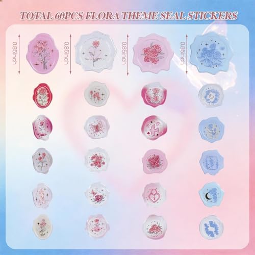 Pre-Made PVC Envelope Seal Stickers, Waterproof Self-Adhesive Stickers for Wedding Invitations, Birthday Gift Wrapping, Scrapbook & Journal Decoration (60PCS Rose Theme)