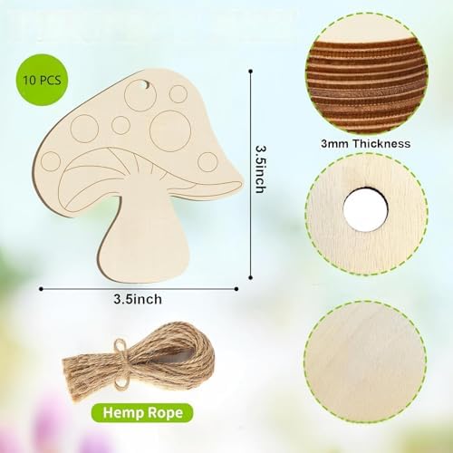 Wooden Mushroom Ornament, 10pcs Blank Wood Ornaments, 3.5 x 3.5 in Used for Painting and Decoration DIY Technology, Hanging skrnrhrery