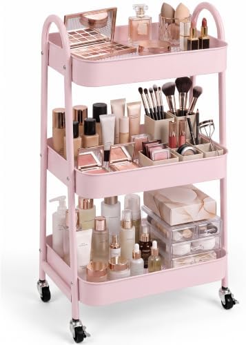 Booklov Rolling Makeup Cart Organizer, 3 Tier Utility Storage Cart, Pink