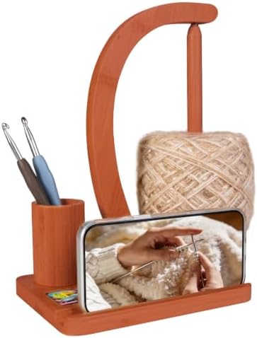 SPEENSUN Magnetic Bamboo Yarn Holder with Phone Stand, Walnut Finish