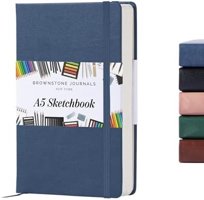 BROWNSTONE JOURNALS A5 Sketch Book Hardcover - 80 Sheets 100 GSM Paper | 5" x 8", Lay Flat, Vegan Leather Cover, Elastic Band, Back Pocket, Compact Art Drawing Book for Adults & Students
