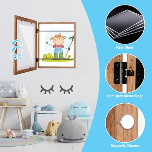 [2 Pack] Kids Art Frames, 10x12.5 Front Opening Kids Artwork Frames Changeable,Dark Woodgrain Artwork Display Storage Frame for Wall, Holds 50 Pcs, for 3D Picture, Crafts, Children Drawing, Hanging