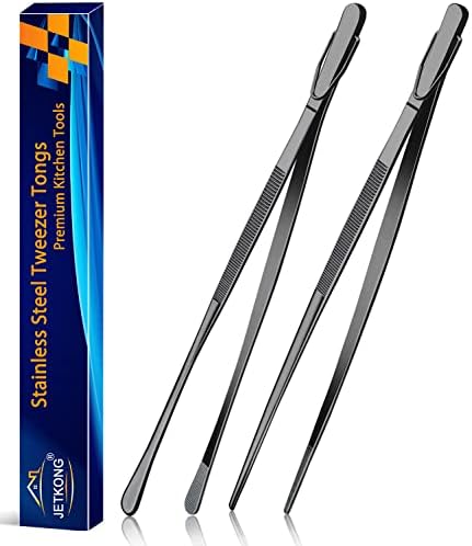 JETKONG 2 Pcs 12-Inch Food Tweezer Tongs, Stainless Steel Kitchen Tweezer Cooking Tweezers (Black)