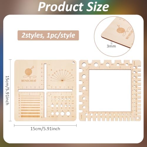 BENECREAT 2Pcs Wooden Swatch Gauge, Knitting Needle Gauge Rulers, Multifunction Knitting Tool for Counting Stitches, Spinners Yarn Measuring Crochet Accessories