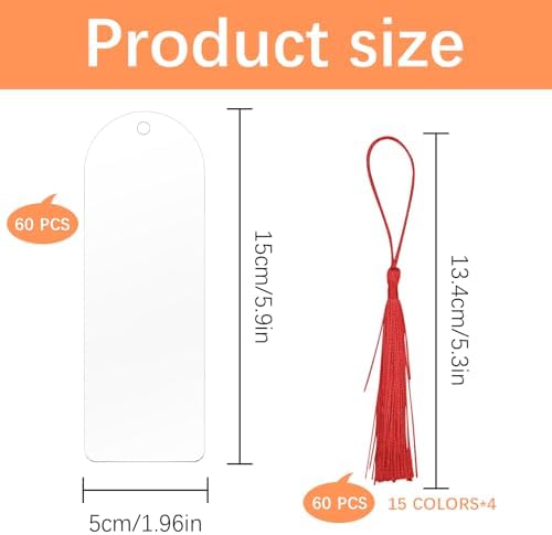 120 Pcs Clear Acrylic Bookmark Blanks 6" x 2", Transparent Semicircle Blank Acrylic Bookmarks Bulk 60pcs Plastic Book Page Markers with 60pcs Book Mark Tassels for DIY Crafting Projects and Gift Tags