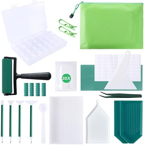 LYMUSUMI 61PCS 5D Diamonds Art Accessories and Tools Kits with Diamond Painting Roller and Diamond Art Storage Box for Adults or Kids（Green）