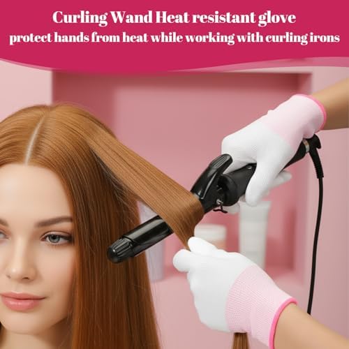 Tucnoeu 4 Pairs Heat Gloves for Hair Styling - Heat Resistant Gloves for Curling Iron & Wand, Nylon + PU, Green & Pink