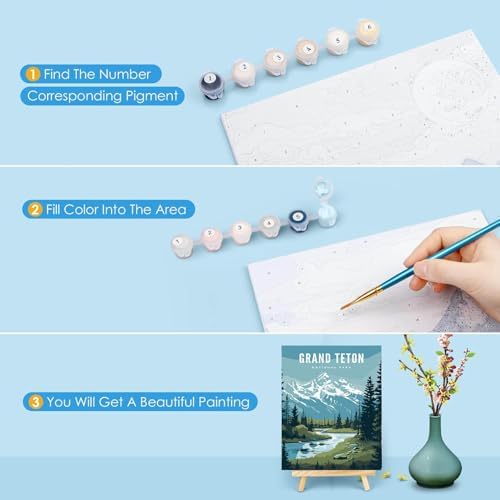 HOIYLDS 3 Pack Paint by Number for Adults Framed Canvas, National Park DIY Arts and Crafts for Adults Beginner with Wooden Easel, Paint Brushes, Acrylic Paint Set for Home Wall Decor, 9 * 12 Inch