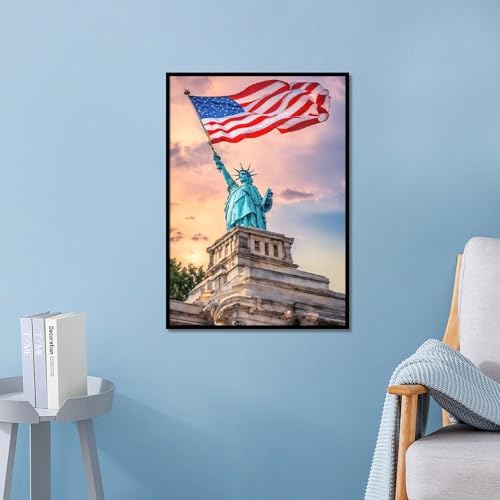 4th of July Diamond Painting Kit for Adults, Patriotic Independence Day Decor with American Flag and Statue of Liberty, 5D Full Drill Round Diamond Art Kit, DIY Crystal Rhinestone Embroidery Painting