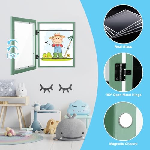 [2-Pack] Kids Art Frames, 8.5x11 Front Opening Kids Artwork Frames Changeable, Olive Green Artwork Display Storage Frame for Wall, Holds 50 Pcs, for 3D Picture, Crafts, Children Drawing, Hanging Art,