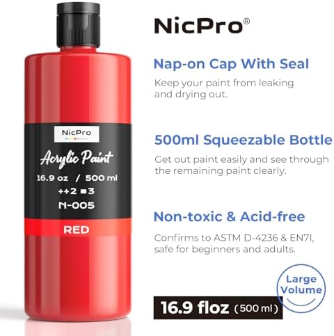Nicpro Red Large Acrylic Paint (16.9 oz, 500 ml), Rich Pigments, Non Toxic | Craft Paint for Multi Surface, Canvas, Wood, Ceramic, Fabric, Stone - Art Painting Supplies for Beginners, Artists & Adults