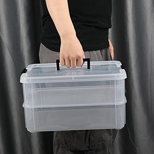 JUXYES 2-Tiers Plastic Stack Carry Storage Containers Box wih Handle Lids