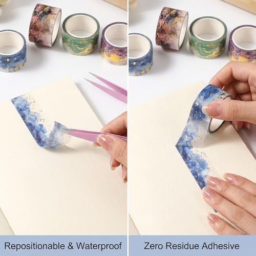 4 Rolls Gradient Watercolor PET Tape Stickers for Journaling Gold Foil Aesthetic Scrapbooking Supplies with Pink Tweezers Clear Junk Journal Accessories Decorative Craft Set