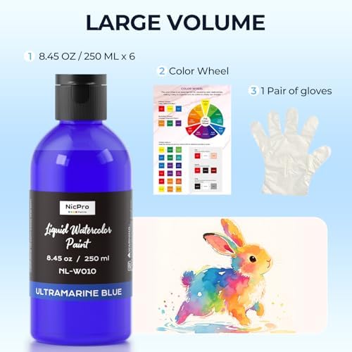 Nicpro 6 Colors Liquid Watercolor Paint Set, 8.45oz Large Bulk Water Color