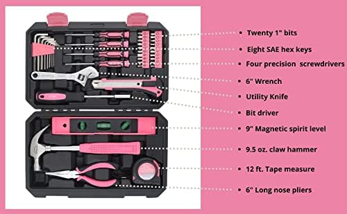Apollo Tools 39 Piece General Household Tool Set in Toolbox Storage Case with Essential Hand Tools for Everyday Home Repairs, DIY and Crafts - Ribbon - Pink - DT9711P