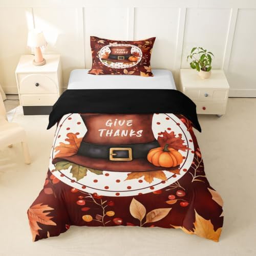 Erosebridal Thanksgiving Hat Duvet Cover Twin Size Watercolor Fall Maple Bedding Set for Kids Boys Girls Autumn Pumpkin Comforter Cover Rustic Harvest Bedclothes Room Decor