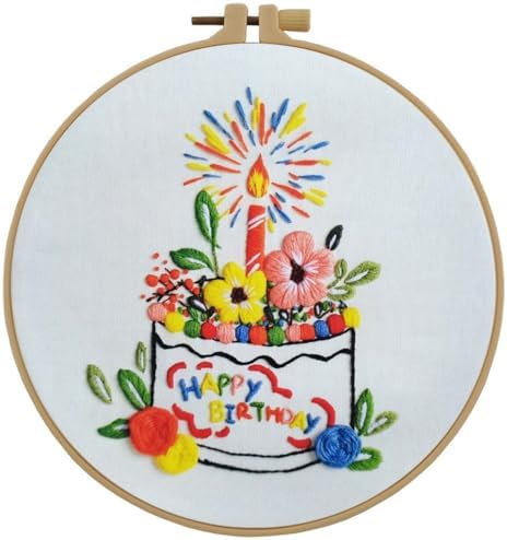 Esffaci Embroidery Starter Kit for Adult Beginner with Birthday Cake Flowers Pattern Hand Embroidery Set with Cloth Hoop Needle Threader Floss and Instruction