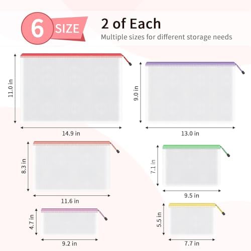 Umriox 12 Pack Mesh Zipper Bags, 6 Sizes Color Coded Storage Organizer