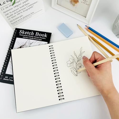 DSTELIN 2 Pack Spiral Bound Sketchbooks (100 GSM Sketch Paper), 50 Sheets per Pack, 7.5" x 5.1" Sketchbook with Black Hard Cover for Painting, Drawing and Sketching