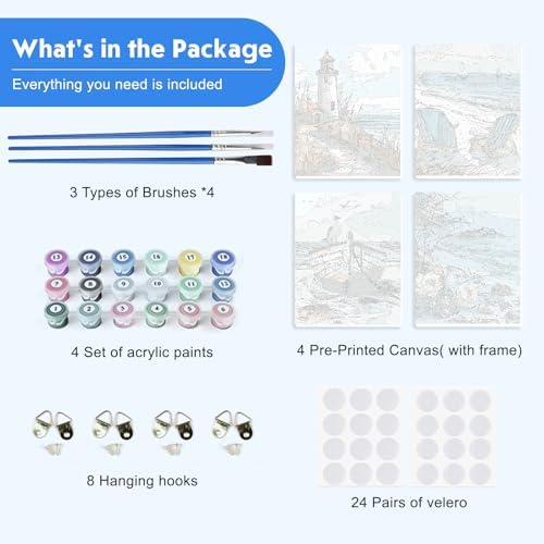 NEWENMO 4 Pack Paint by Numbers Kit for Kids Beginner with Wooden Frame, Lighthouse, Beach, Paint by Numbers Kit for Adults, Coastal Landscape, DIY Painting Kits for Home Wall Decor 8x10 inch