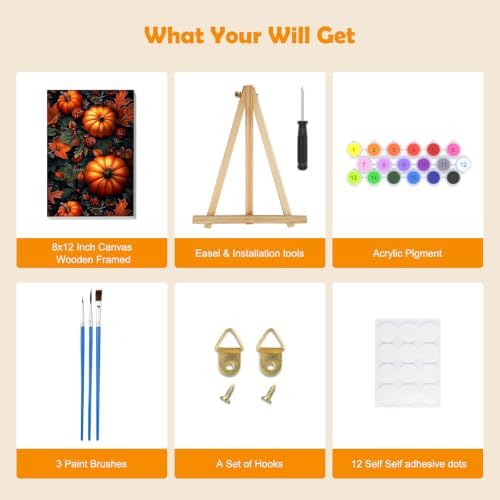 MOGTAA Fall Pumpkin Paint by Numbers Kit for Adults Beginners with Frame, Autumn Adult Paint by Number Kits on Canvas with Easel, Easy DIY Halloween Oil Painting Kits for Home Decor, 8x12in