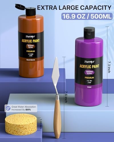 JusArt Beginner Acrylic Paint Set, 8 Colors (16.9oz/500ml Each) Bulk Large Bottles Artist Primary Paints for Canvas, Walls, Ceramics, Rocks, Eggs, Glass, Crafts
