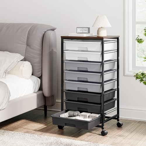 Rolling Storage Cart with 8 Drawers, Utility Cart on Wheels with Wooden Tabletop, Utility Cart for Teacher Storage, Office Organizer, Classroom Storage Cart, Craft Storage, Grey | Utility Cart on Wheels with Wooden Tabletop,Teacher Organization for Cla...