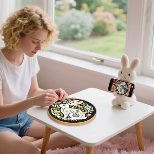 Crafmanoe Embroidery Kits for Beginners Adults, Flowers Rabbit Embroidery Starter Kits, Counted Cross Stitch Kits for Beginners Adults Hobbies Set for Women, Embroidery Hoops, Thread & Video Tutorial