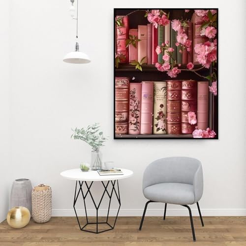 Canrichshop Books Paint by Numbers Kit for Adults,Bookshelf DIY Acrylic Painting Kit for Beginners Unframed,Flowers Easy Adult Paint by Number Kits on Canvas for Decor 16x20inch
