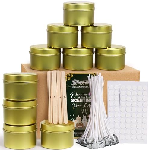 Blingfun 10 Packs 4 oz Candle Tins kit, Candle Making Tins, Candle Jars, 100pcs Candle Wicks, 100pcs Wick Stickers, Candle Containers for Making Candles (Golden)