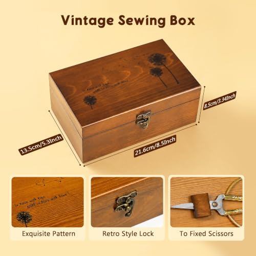 Sewing Kit, Wooden Sewing Kit Box for Adults, Wooden Sewing Basket with Accessories, Home Sewing Basket Stitching Repair Kit for Beginner, Women, Men,Vintage Embroidery Scissors Kit (Retro Brown)