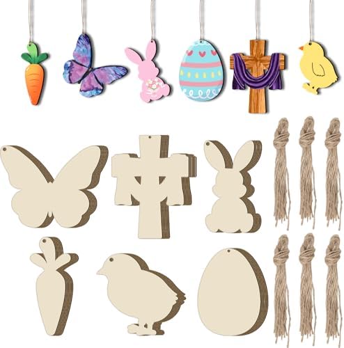 48Pcs Paintable Wooden Easter Ornaments Unfinished Wood Cutouts for Crafts DIY Eggs Bunny Butterfly Chick Carrot Painting for Crafts Hanging Wood Slices Spring Party Decoration