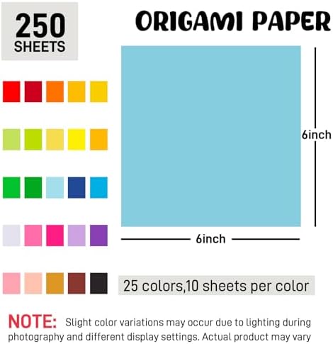 Koogel 250 Sheets 6" X 6" Origami Paper Double Sided Color | 25 Assorted Colors Colored Paper, for Kids Folding Crafting Scrapbooking, Classroom Teacher Supplies, Beginner