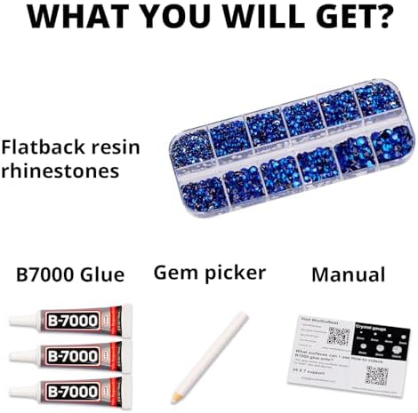 6500Pcs Royal Blue Rhinestones for Bedazzling, Bedazzler Kit with Flatback Craft Rhinestones Bulk and B7000 Glue, 2,3,4,5,6mm Resin Flat Back Crystals for Craftings, Clothes, Nails