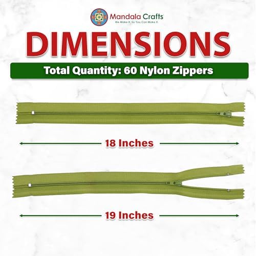 Mandala Crafts 60 PCs Dill Green Closed-End 18 in Nylon Zippers for Sewing