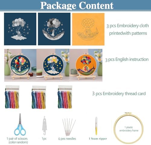FEIYUENO 3 Sets Embroidery Starter Kits for Beginners Adults (Ballon)