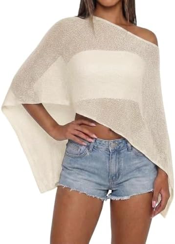 Women Sheer Knit Poncho Top Beach Cover Up Lightweight Crochet Shrug Y2k Summer See Through Shawl
